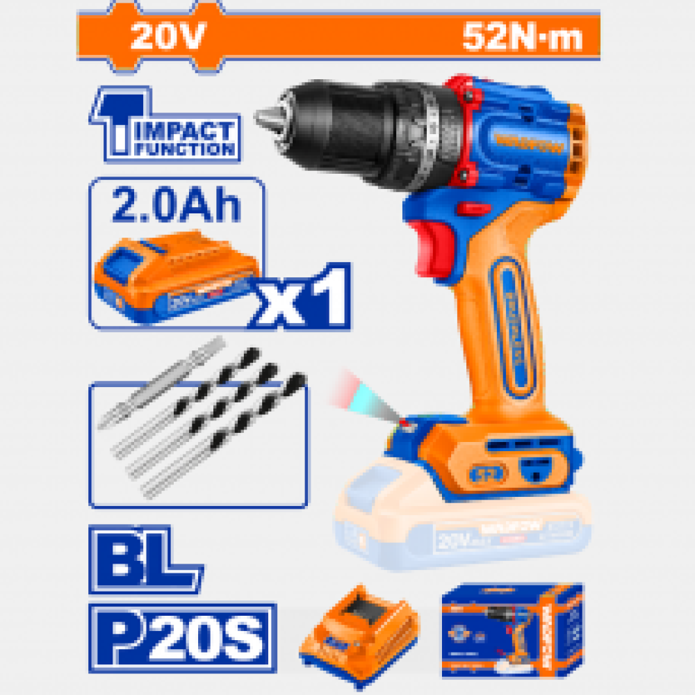 Шуруповерт WADFOW WCDP5282 ударный бесщеточный Li-ion 20.0B 2 Ач, 52 Нм, 1 акб